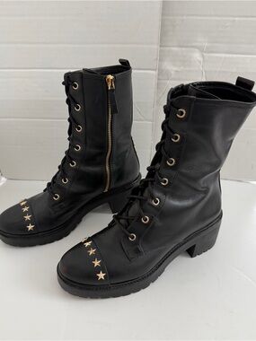 Michael Kors Women 7.5M Leather Tall Combat Boots Gold Tone Star Accent Lace Up